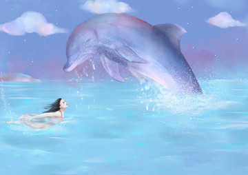 唯美插畫圖女孩與海豚