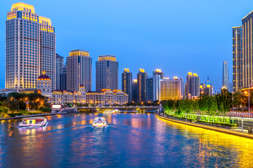 天津海河沿岸建筑景观夜景