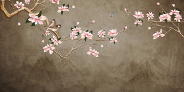 玉蘭花花鳥裝飾畫