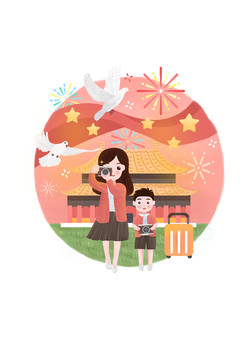 親子插畫母子國慶節(jié)