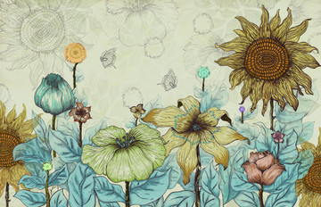 北欧壁画向日葵花卉背景墙