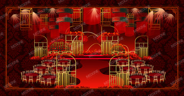 紅金色主題婚禮舞臺(tái)宴會(huì)背景