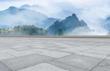 广场地砖和自然山水风景