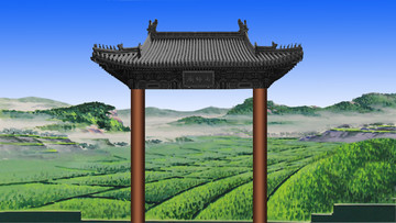 戲曲舞臺(tái)背景山青水秀廟