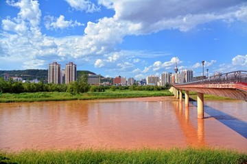 宝鸡城市河边街景渭河过河天桥