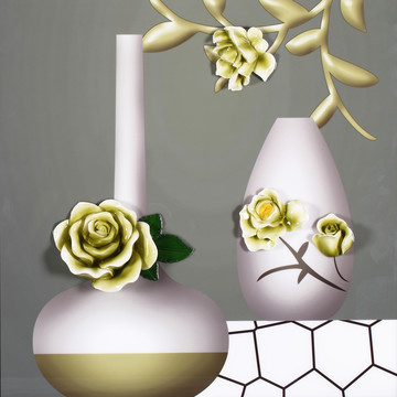 烤瓷浮雕牡丹花瓶装饰画