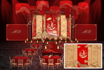 红金中式婚礼寿宴效果图制作图