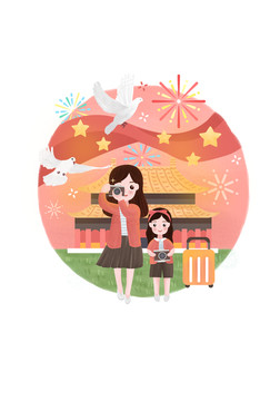 亲子插画母女国庆节