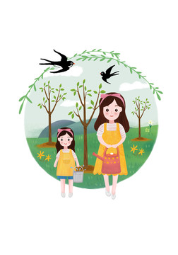 親子插畫母女植樹節(jié)