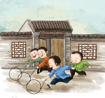 滾鐵圈滾轱轆圈童年游戲插畫懷舊