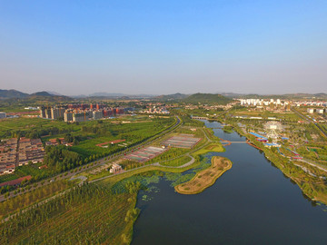 航拍山东临沂莒南生态湿地公园