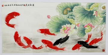 荷花金魚國畫