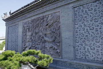 唐语砖雕照壁二龙戏珠