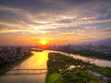 金华燕尾洲彩虹桥夕阳晚霞航拍