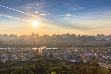 广西桂林城区全景漓江夕阳