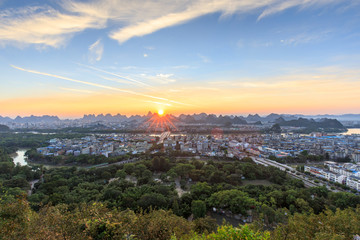 广西桂林城区全景漓江夕阳