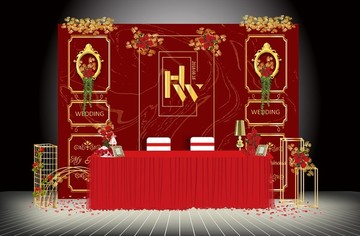 红色欧式主题婚礼签到背景设计