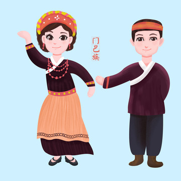 門巴族少數(shù)民族男女服飾矢量