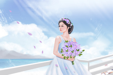 海邊花時尚女性插圖