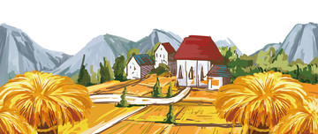 豐收黃金麥田稻田農(nóng)田場景插畫