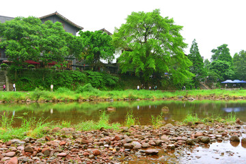 柳江古镇河流水景和河岸民居