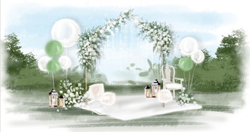 白绿色户外婚礼手绘