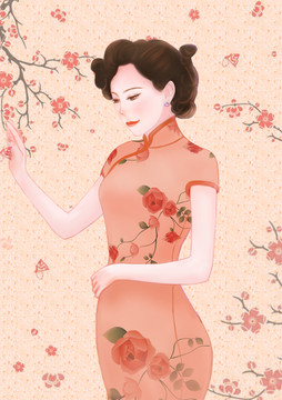 紅色花旗袍唯美女人psd細分層