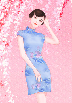 藍(lán)色花旗袍唯美女人psd細(xì)分層