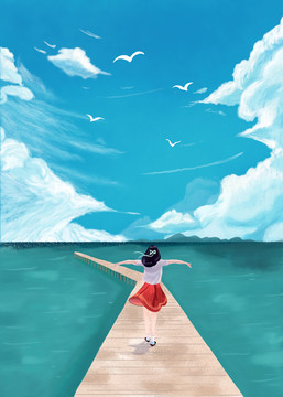 治愈插畫手繪畫女孩