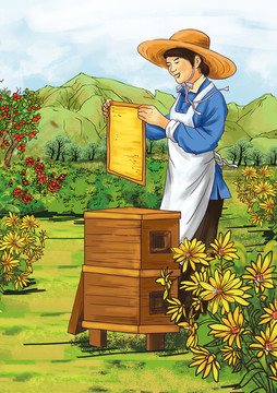 養(yǎng)蜂人蜂蜜插畫采蜜