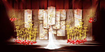 紅金色新中式婚禮舞臺效果圖