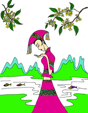 桂花美女手繪