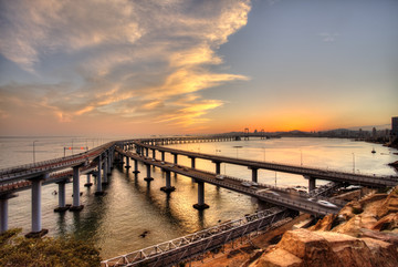 大连星海湾大桥夕阳黄昏HDR