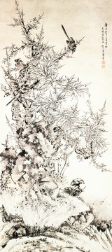 陳嘉言竹石梅鵲圖
