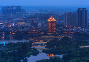 眉山东坡岛湿地城市全景夜景