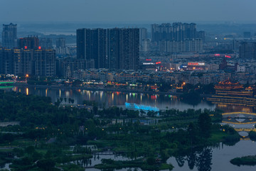 眉山东坡岛湿地城市全景夜景