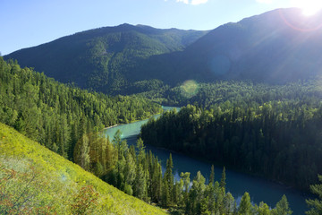 俯拍喀纳斯河月亮湾水景