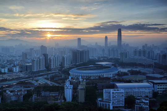 深圳罗湖日出晨曦城市风光