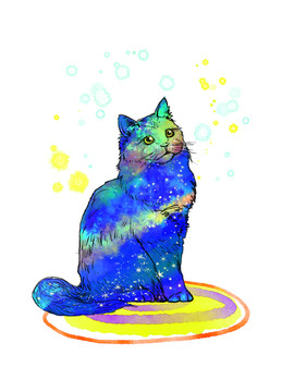 原創(chuàng)插畫(huà)水彩星空貓