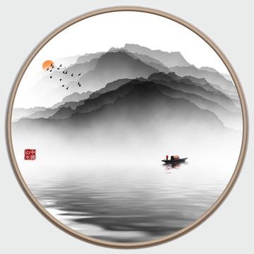 圓形水墨山水畫