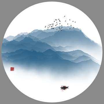圓形水墨山水畫