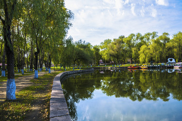 秋季绿树池塘