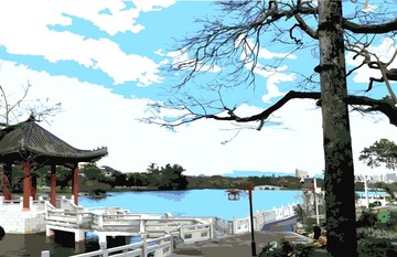 湖邊亭臺(tái)寶塔風(fēng)景