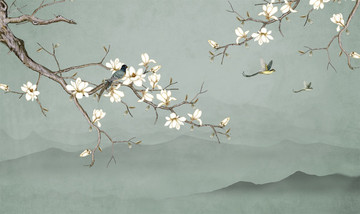 中式玉蘭花鳥背景墻