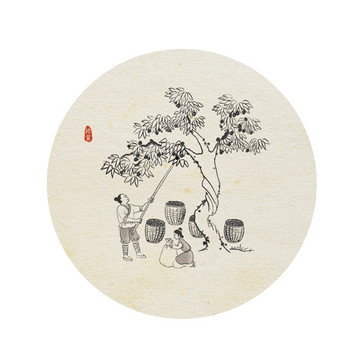 水墨畫打紅棗豐收圖片PSD