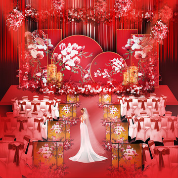 紅金色新中式婚禮舞臺(tái)設(shè)計(jì)