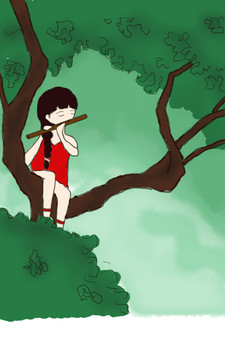 坐樹上吹笛子的小女孩