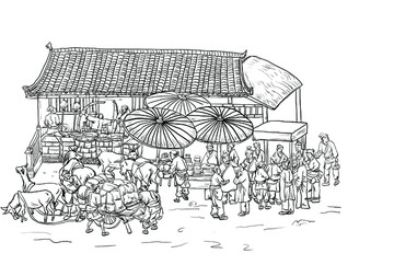 古代商鋪街道插畫