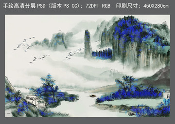 简约中式抽象水墨山水背景墻壁画