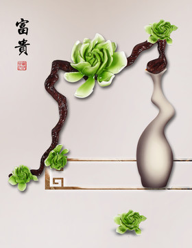 新中式簡(jiǎn)烤瓷浮雕牡丹花瓶裝飾畫